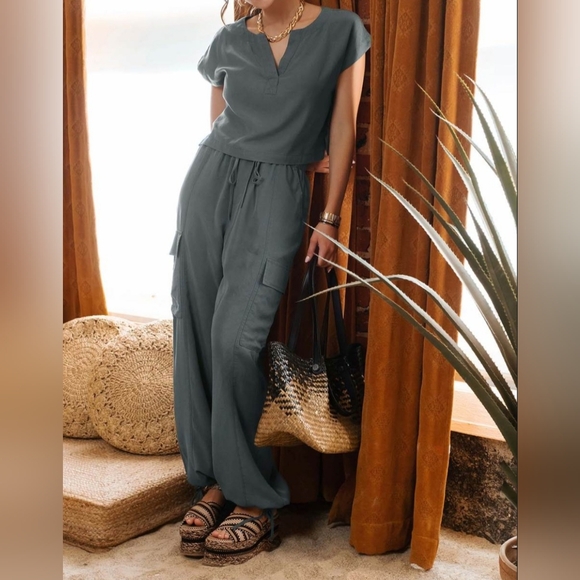 #631 🛑45 M Boho Fabulous High Waist Drawstring Cargo Pants - Picture 8 of 13